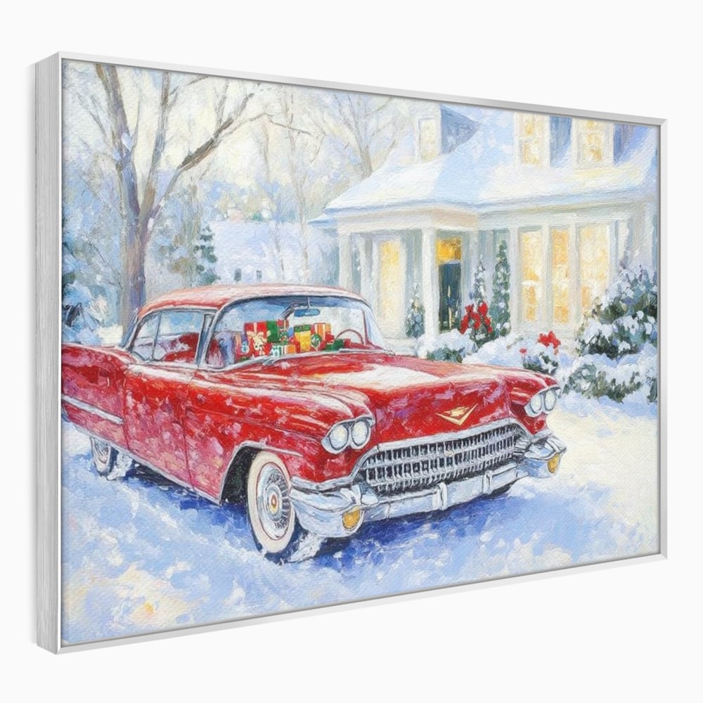 Tablou canvas cu tablou canvas cu masina vintage rosie iarna, in rama de aluminiu argintiu